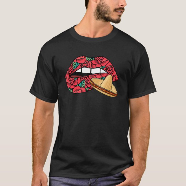 Biting Lips Dia De Los Muertos Mexican Sombrero Da T-Shirt (Front)