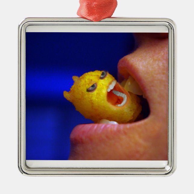 Biting Tater Tot Metal Tree Decoration (Front)