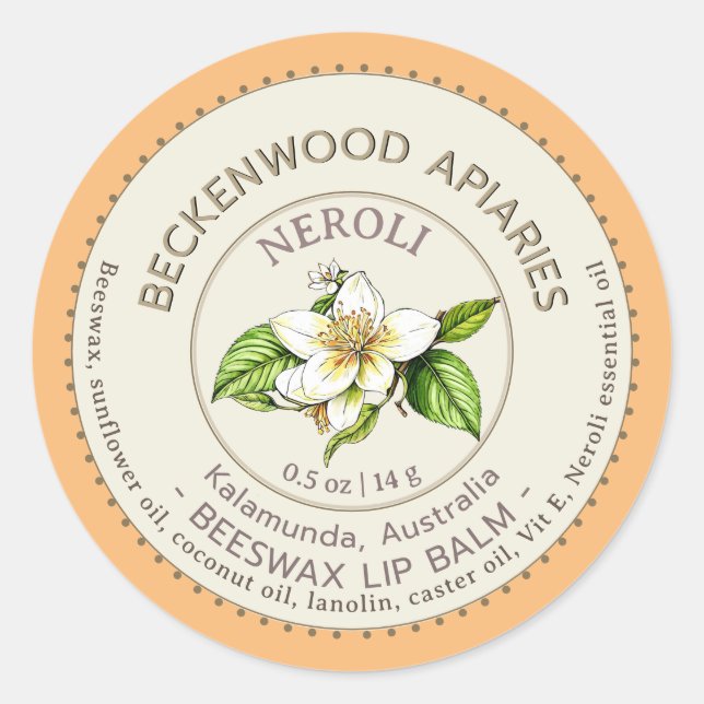 Bitter Orange Neroli Lip Balm Beekeeper Apiary Classic Round Sticker (Front)