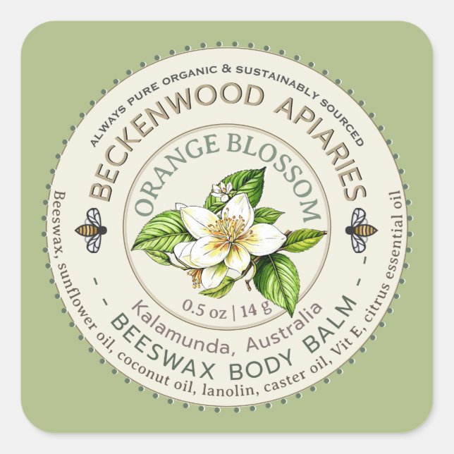 Bitter Orange Neroli or Orange Body Balm Honey Bee Square Sticker (Front)
