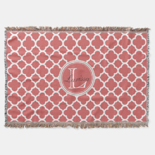 Bittersweet Red Quatrefoil Pattern Name Monogram Throw Blanket