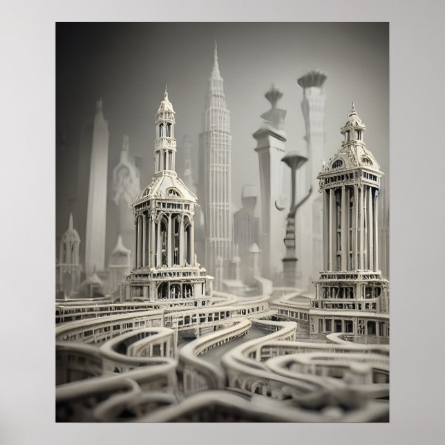Bizarre Abstract Grey Monochromatic Surreal City Poster (Front)