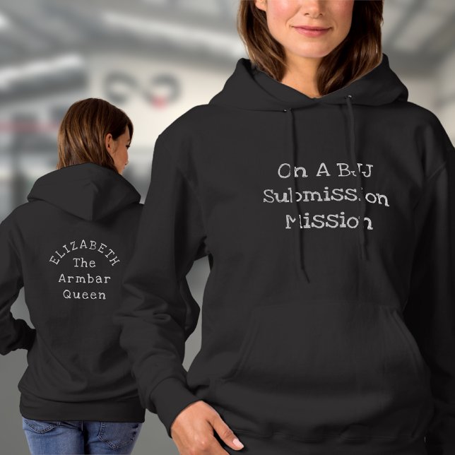 BJJ Design Your Own Template Name Text Custom Hoodie (Woman's BJJ black hoodie with front and rear prints worn by a female model in the gym)