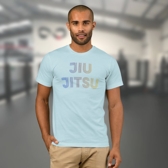 BJJ Funky Brazilian Jiu Jitsu Light Blue T-Shirt (Light blue Jiu Jitsu t-shirt worn by a male model in a gym)