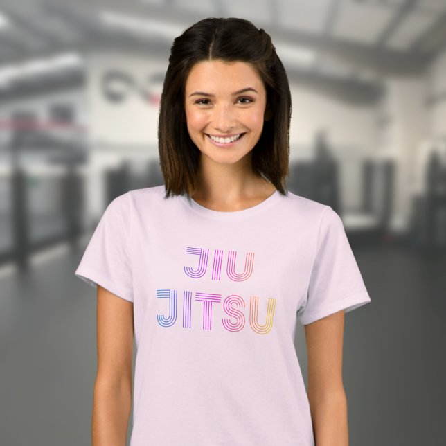 BJJ Funky Brazilian Jiu Jitsu Pink Women's  T-Shirt (Light pink women's jiu jitsu t-shirt worn by a female model in the gym.)