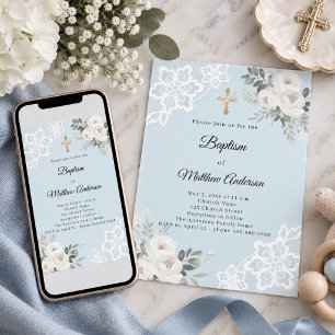 Bkue florals lace boy Baptism Invitation