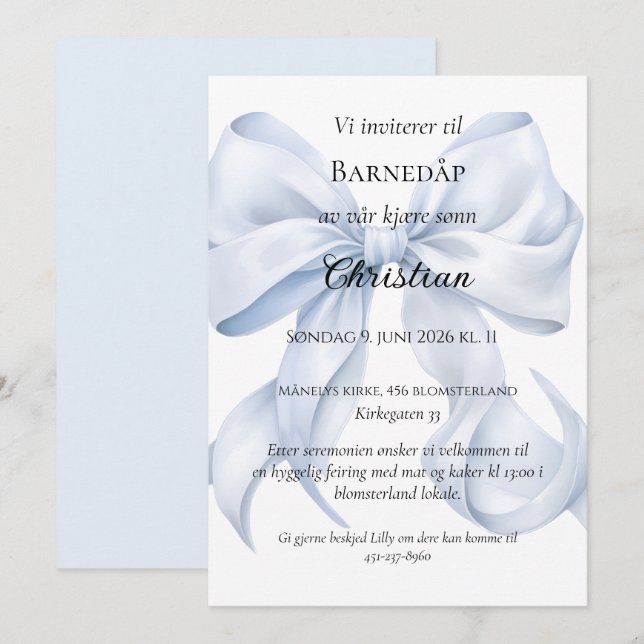 Blå Sløyfe Barnedåp Invitasjon Invitation (Front/Back)