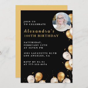 Black 100th birthday invitation Gold Photo 