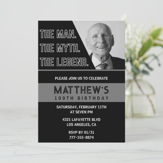 Black 100th birthday invitation The Man The Legend (Standing Front)