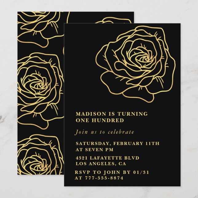 Black 100th birthday invitations Gold Floral (Front/Back)