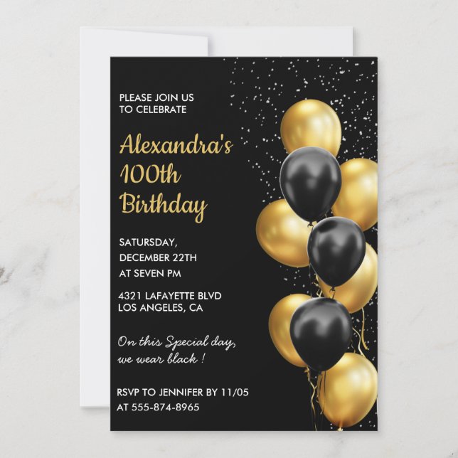 Black 100th birthday invitations Gold Glitter Glam (Front)