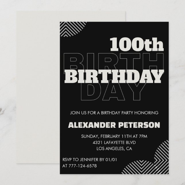 Black 100th birthday invitations Men Party (Front/Back)