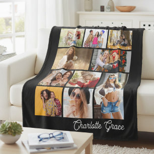 Black 10 Photo Collage Personalised Name Gift Fleece Blanket