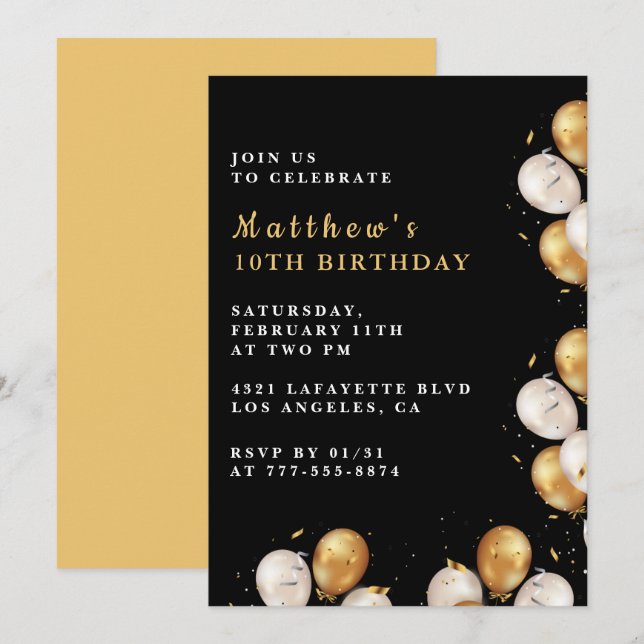 Black 10th birthday invitations Gold Balloon Boy (Front/Back)