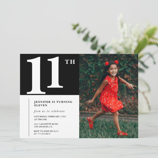 Black 11th birthday invitation Chic Girls Photo (Standing Front)