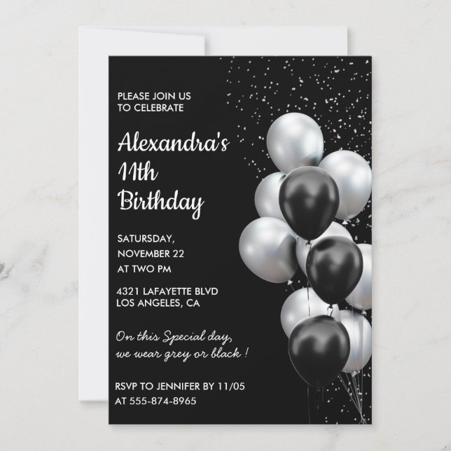 Black 11th birthday invitations Balloons Silver (Front)