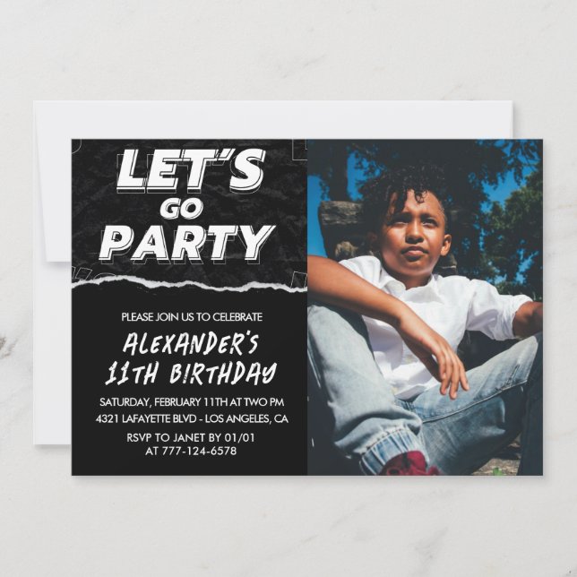 Black 11th birthday invitations Boy Photo  (Front)