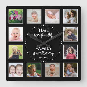 Black 12 Photo Template Time With Family Quote Square Wall Clock