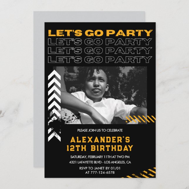 Black 12th birthday invitations Boy Photo Spray (Front/Back)