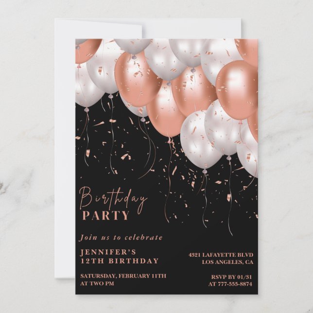 Black 12th birthday invitations Rose gold Pink  (Front)