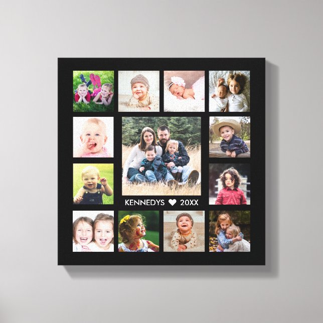 Black  13 Photo Collage Family Name Personalised  Canvas Print (Front)
