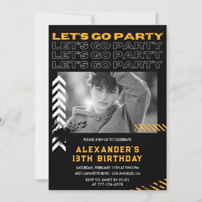 Black 13th birthday invitations Boy Photo Spray (Front)