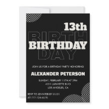 Black 13th birthday invitations Party Boy
