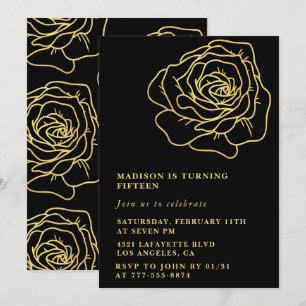Black 15th birthday invitations Gold Floral