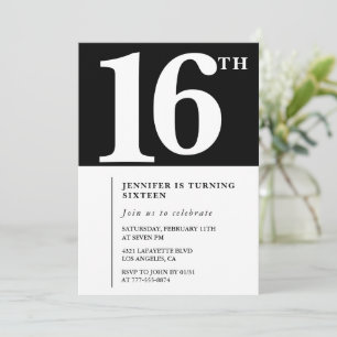 Black 16th birthday invitation Elegant Chic Simple