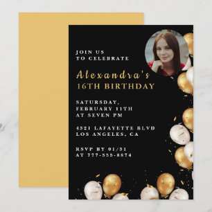 Black 16th birthday invitation Gold Balloon Photo 