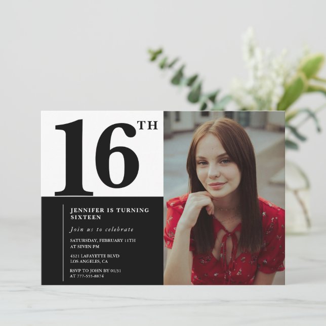 Black 16th birthday invitations Elegant Chic (Standing Front)