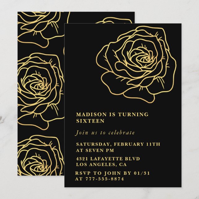 Black 16th birthday invitations Gold Floral (Front/Back)