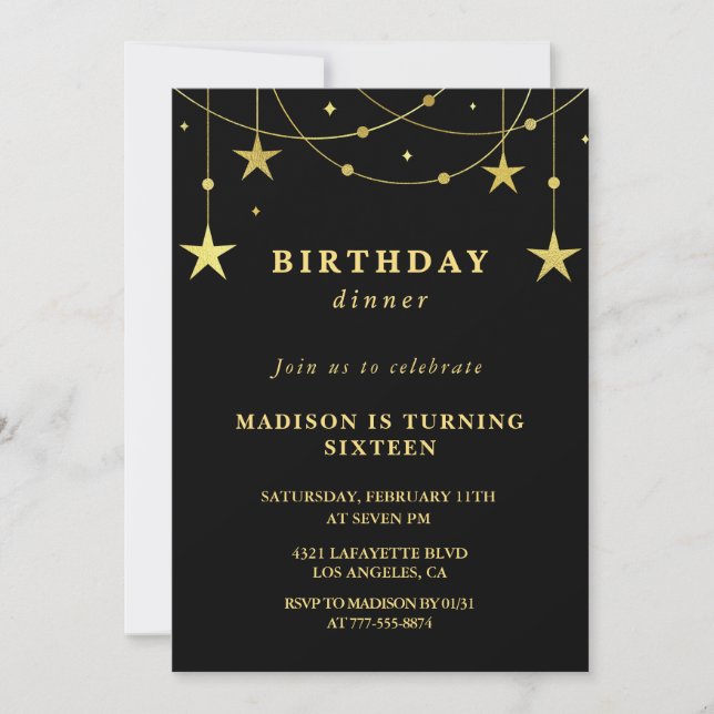 Black 16th birthday invitations Gold Stars (Front)