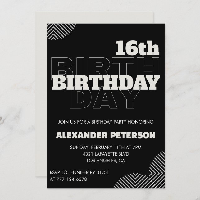 Black 16th birthday invitations Men Party (Front/Back)