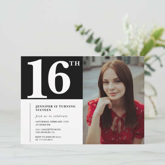 Black 16th birthday invitations Modern Chic Photo (Standing Front)