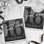 Black 16th Birthday Party Napkin<br><div class="desc">Modern Black and White 16th Birthday Cocktail Napkin. Celebrate sixteen years in style with this bold and modern napkin design featuring a large black “16” that takes up most of the space, with a handwritten script-style white “Sixteen” layered over it for a sleek, contemporary look. At the bottom, there’s room...</div>