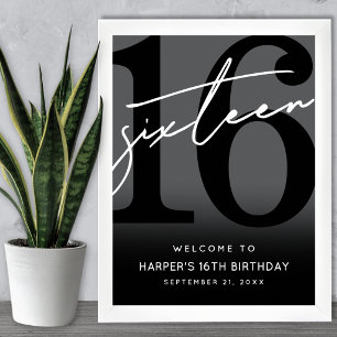 Black 16th Birthday Party Welcome Sign