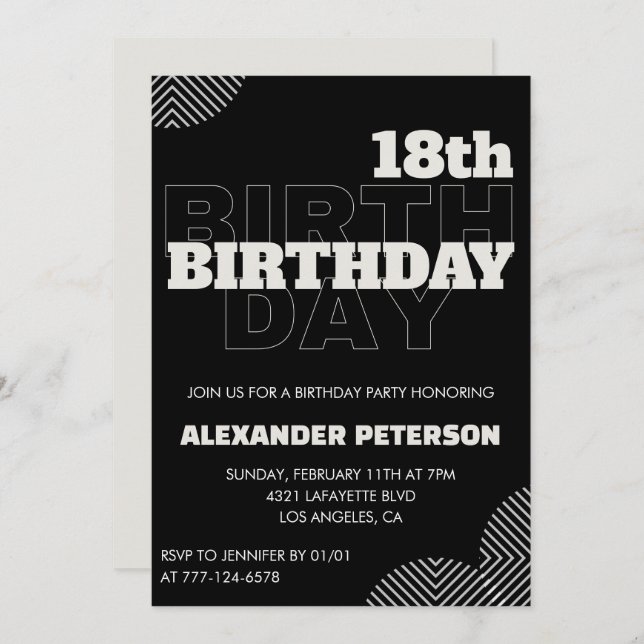 Black 18th birthday invitations Men Party (Front/Back)