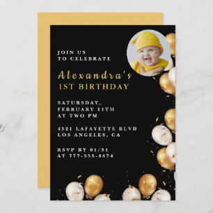 Black 1st birthday invitation Gold Balloon Photo