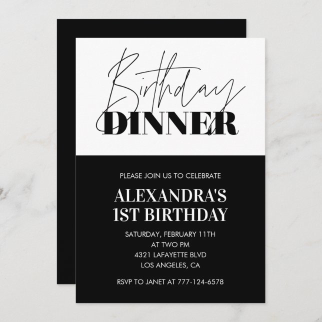Black 1st birthday invitations Dinner White (Front/Back)