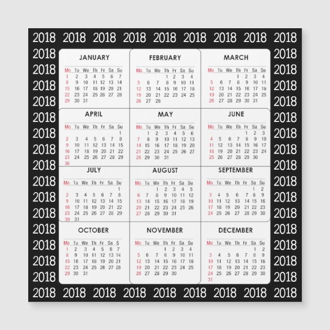 Black 2018 Calendar Square Magnetic Card (Front)