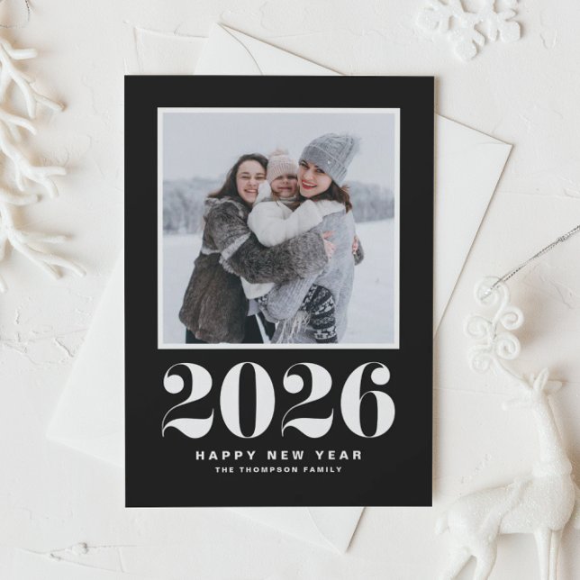 Black 2025 Bold Typography New Year Photo Holiday Card (Ring in 2026 with a stylish retro flair using this black and white Happy New Year photo card.)