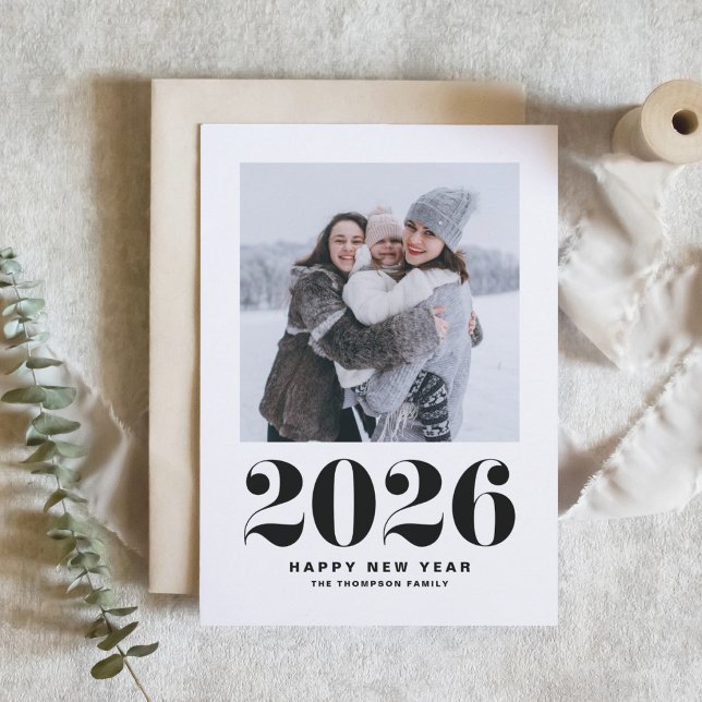 Black 2025 Bold Typography New Year Photo Holiday Card (Ring in 2026 with this black and white Happy New Year photo card featuring retro bold typography.)