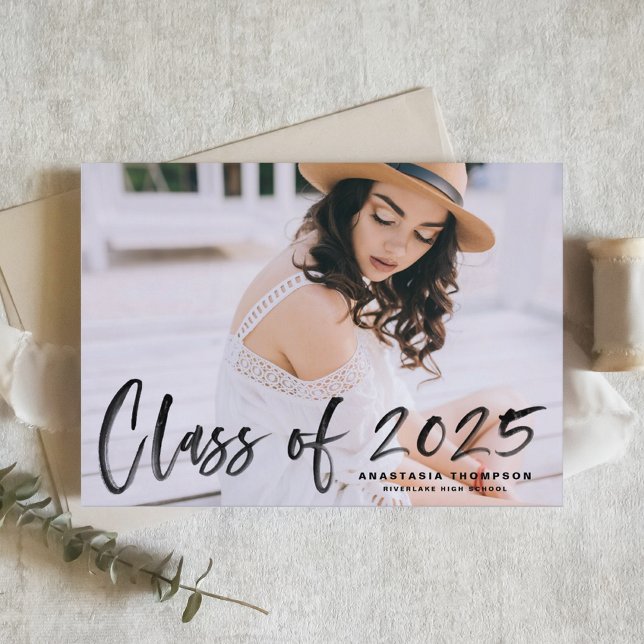 Black 2025 Brush Lettering Photo Graduation Invitation (Personalized Photo Graduation Invitation with Rustic Brush Lettering – Other colors available)
