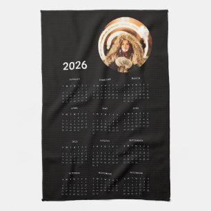 Black 2026 Calendar Round Photo  Tea Towel