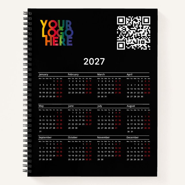 Black 2027 Calendar Business Logo QR Code Notebook (Front)