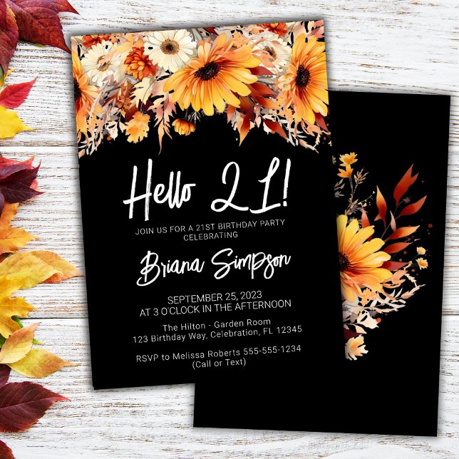 Black 21st Birthday Fall Floral  Invitation (Creator Uploaded)