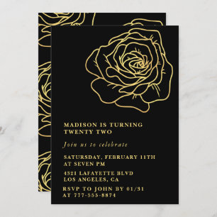 Black 22nd birthday invitations Gold Floral