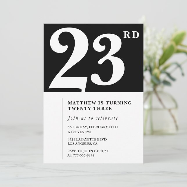 Black 23rd birthday invitation Elegant Chic Simple (Standing Front)