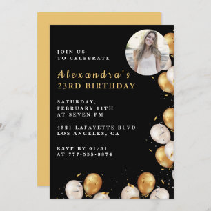 Black 23rd birthday invitation Gold Balloon Photo 